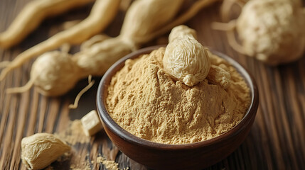 Fototapeta premium Peruvian Ginseng Maca Lepidium Feminine Dried Root Powder