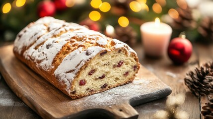 Naklejka premium Deliciously baked Stollen bread is presented on a wooden board, surrounded by festive decorations and glowing candles for Christmas