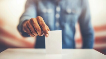 A voter casts their ballot while standing in front of the American flag, highlighting participation in the democratic process