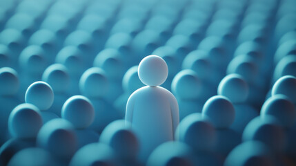 Fototapeta premium unique 3D illustration of leader standing out among crowd of identical figures, symbolizing individuality and leadership in sea of conformity
