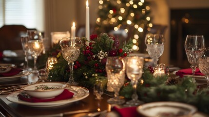 Festive Christmas Table Setting with Candles and Greenery