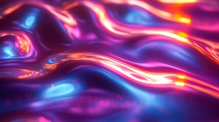 A vibrant, colorful abstract image showcasing smooth, wavy patterns with swirling hues of purple, blue, and orange, creating a dynamic visual texture.