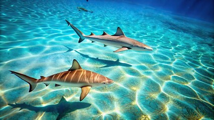 Fototapeta premium Aerial view of Caribbean reef shark and Lemon shark in clear coastal water