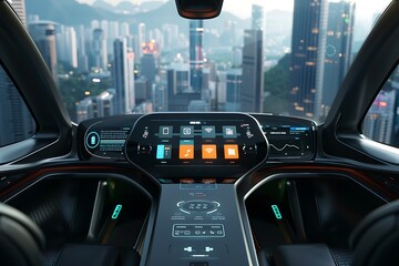 Office icons displayed on a digital dashboard in a high-tech car with a clear view of a city skyline in the background