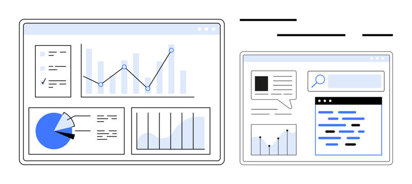 Data dashboard with different charts including bar graph, line graph, and pie chart. Idel for business analytics, data visualization, performance tracking, and reporting. Modern minimal style