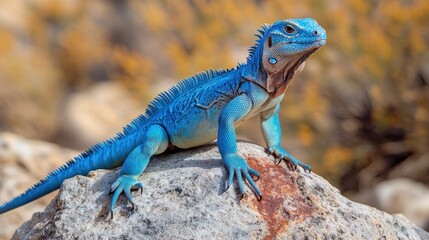 Fototapeta premium Vibrant Blue Lizard on Rock in Natural Habitat