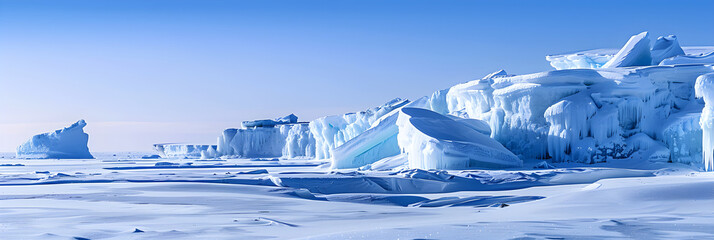 Arctic Serenity: Expansive Landscape of Icebergs and Frost-Covered Floe Under Clear Winter Sky