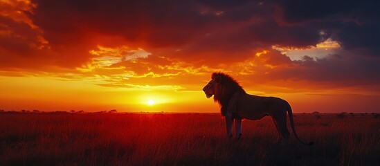 Majestic lion silhouette standing in a field at sunset.