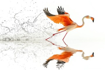 Elegant flamingo striking a pose, reflected on white surface like water