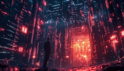 Naklejka premium A lone figure stands in a futuristic, digital landscape, illuminated by glowing red and blue lights.