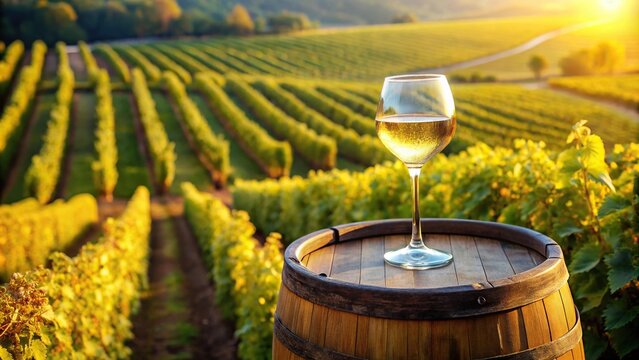 Aerial view of a goblet of vermentino wine over a barrel in vineyard agriculture