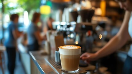 Latte coffee with art on wooden table