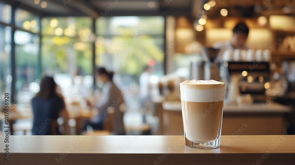 Wall mural coffee drink on wooden table in cafe environment