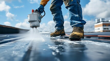 Worker Applying Waterproofing Coating to a Roof