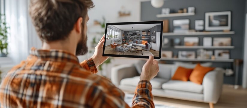Man using a tablet to view a virtual home tour of a modern living room with a grey sofa, orange pillows, and a bookshelf.