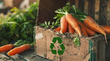 Fresh carrots with a green recycle symbol imprinted on box, representing eco-friendly and sustainable food choices in line with the zero waste lifestyle movement