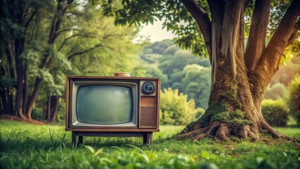 Aerial landscape with green plants and tree trunk, retro TV on grass