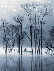 Morning landscape with magical mist over the city
