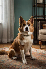 A happy, fluffy dog sits on a colorful rug in a cozy living room with natural light streaming through the window during the daytime