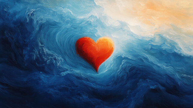 vibrant heart emerges from swirling blue waves, symbolizing love and emotion amidst tumultuous sea. This abstract representation evokes feelings of passion and connection