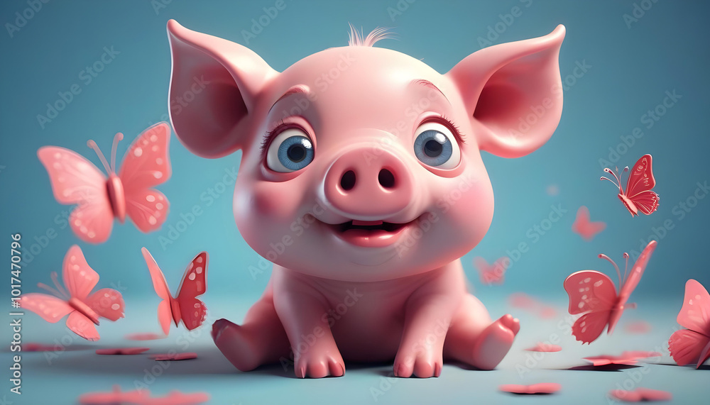 Wall mural 3d render cartoon cute pink cartoon pig animal