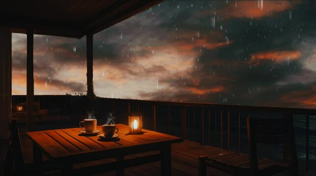 Cozy porch with a view of a stormy sky.
