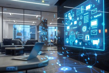 Fototapeta na wymiar Office icons floating above a digital whiteboard in a contemporary meeting room with sleek furniture and modern decor