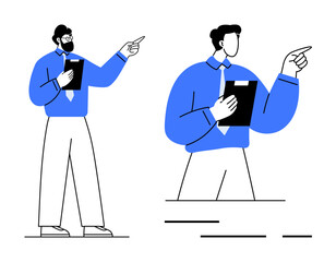 Two male figures in blue attire pointing and holding clipboards, one full-body and one close-up. Ideal for presentations, business meetings, instructions, teamwork, and education. Minimalist vector