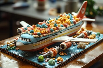 Airplane Cake Design with Colorful Icing Decorations