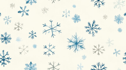Fototapeta premium Delicate watercolor snowflakes in pastel blue and gray create serene winter atmosphere. soft hues and varied shapes evoke sense of calm and beauty