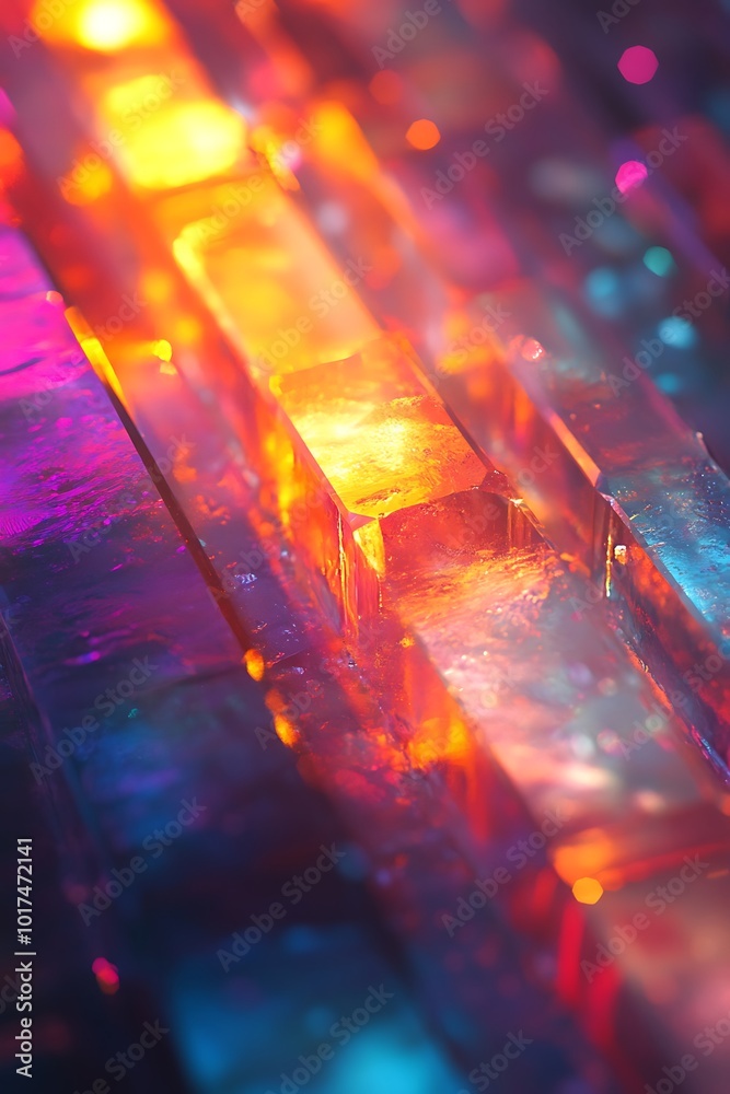 Poster A vibrant abstract image showcasing luminous blocks with colorful reflections and refractions in a mesmerizing pattern.
