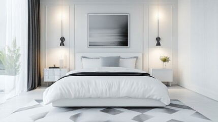 Modern white bedroom with a black and white rug.