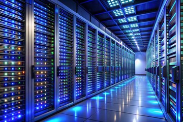 Row of data server racks in data center with glowing lights