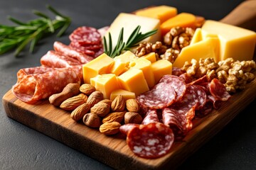 3D-rendered image of a keto charcuterie board with fine details of cheeses, meats, and nuts, symbolizing keto-friendly indulgence in a high-quality visual