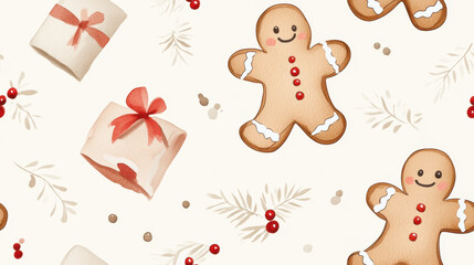 Naklejka premium festive pattern featuring watercolor gingerbread men, wrapped gifts, and holiday decorations, evoking warm and cheerful Christmas spirit