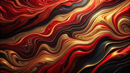 Obraz premium Aerial abstract wavy background of red and gold acrylic paint on black background resembling imitation marble