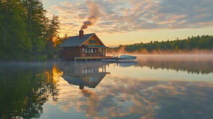 Fototapeta premium Cabin on lake, foggy morning, boat dock.
