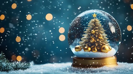A Golden Christmas Tree Encased in a Snow Globe with Falling Snow