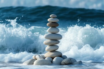 A perfectly balanced pebble tower standing against the backdrop of crashing ocean waves, depicting stability amidst turbulence.