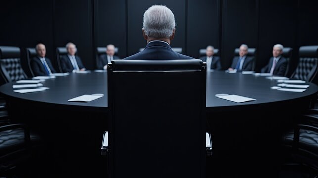 A group of executives sits around a large table, with a focus on the back of one man, emphasizing authority and corporate decision-making.