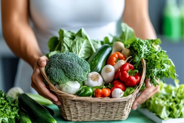 Fototapeta premium A person with a small grocery basket containing only fresh vegetables and a few essential items, representing the simplicity of essentialism in daily living