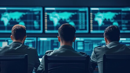 A trio of military personnel monitors digital displays, analyzing global data in a high-tech command center.