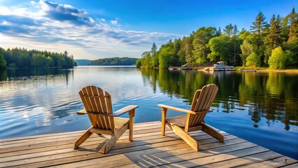 Fototapeta premium Adirondack chairs on dock overlooking water at cottage