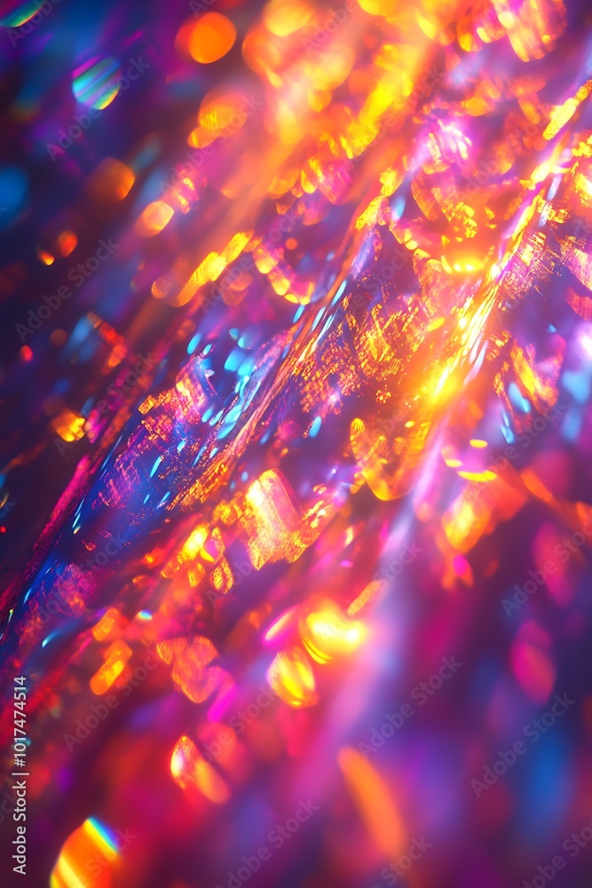 Poster A vibrant, abstract image showcasing colorful light reflections and textures, creating a mesmerizing effect with warm and cool tones.