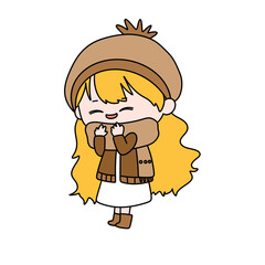 A girl with long blonde hair is wearing a brown hat and a brown scarf