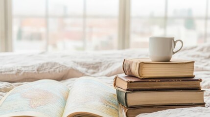 Stack of vintage books with a coffee cup on top, beside an open atlas. Cozy scene set on a bed, with soft natural light creating a peaceful atmosphere.