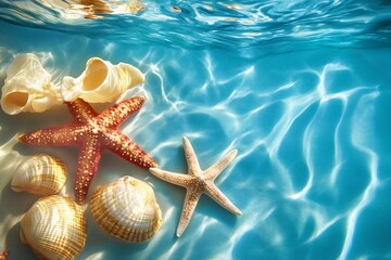 seashells and starfish underwater, summer background