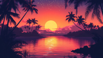 Vibrant summer sunset over a tranquil lake with silhouetted palm trees and a gentle breeze