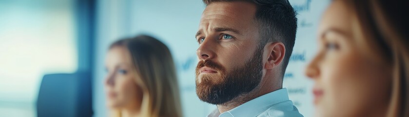 Obraz premium Three professionals focused during a meeting, showcasing engagement and collaboration.