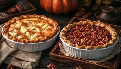 Two delicious homemade pies: one apple pie and one pecan pie, beautifully presented in ceramic dishes.